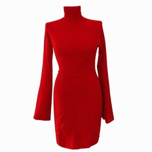 BCBGMAXAZRIA Red Turtleneck Bodycon Sweater Dress Bell Sleeve Fitted Size S